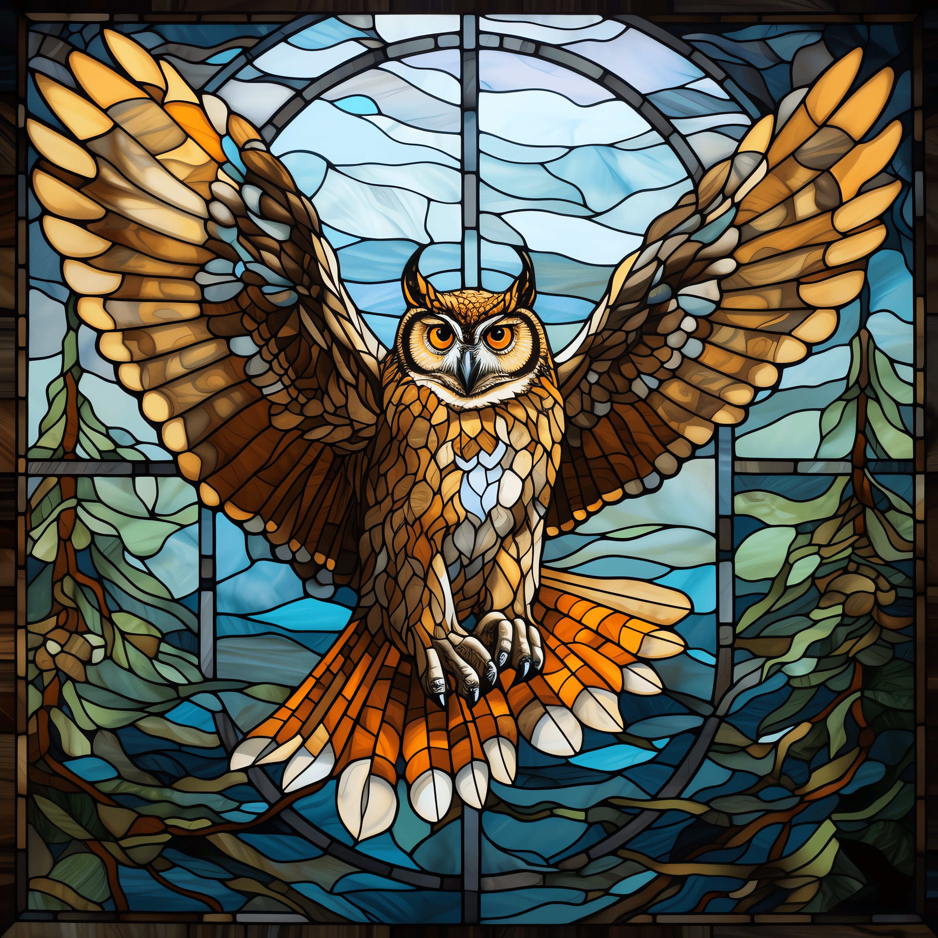 Owl in Flight Stained Glass PNG Clipart - 45 High Quality PNG - Instant Download - Card Making, Prin