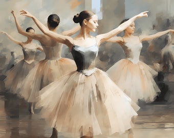 May include: Three ballerinas in white tutus pose in a dance studio. The ballerina in the center is facing forward with her arms outstretched. The other two ballerinas are facing away from the viewer. The background is a soft, muted color.