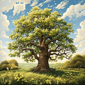 Könnte beinhalten: Ein großer, grüner Eichenbaum mit einem dicken, knorrigen Stamm steht auf einer grünen Wiese. Der Baum steht in voller Blüte, seine Blätter sind in einem leuchtenden Grün. Der Himmel ist strahlend blau mit fluffigen weißen Wolken.