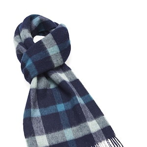 May include: A navy blue and teal plaid scarf with fringe.
