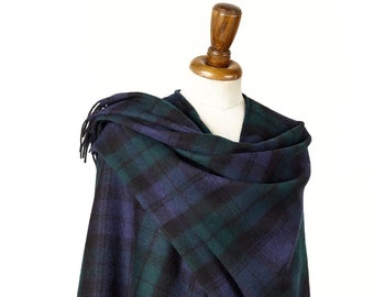 Bronte Moon Clan Campbell Black Watch Tartan Plaid Ruana Wrap-Merino Lambswool, Made in England