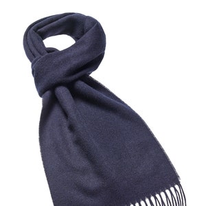 May include: A dark blue scarf with long fringe tassels.