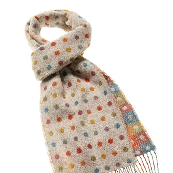 Merino Lambswool Polka Dot Scarf, Beige Reversible Scarf, Beige Polka Dot Scarf, Made in England, Bronte Moon