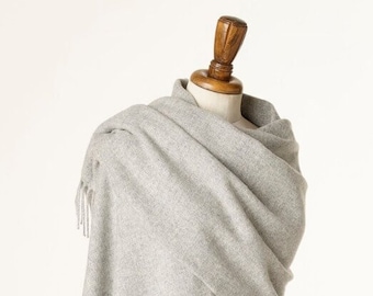Merino Lambswool Shawl - Blanket Scarf - Plain Silver Shawl - Stole - Silver Wrap -Made in England