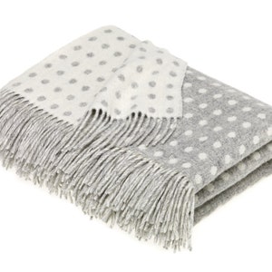 Bronte Moon Merino Lambswool Spot Gray Throw Blanket - Reversible Blanket - Made in the UK