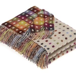May include: A multi-colored throw blanket with a checkered pattern on one side and a polka dot pattern on the other side. The blanket has a fringe border.