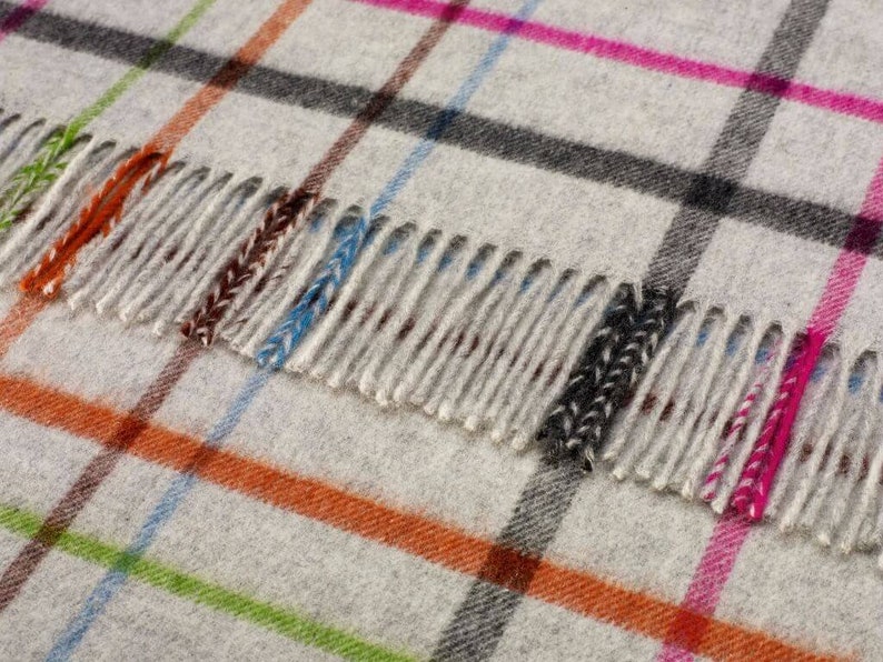 Bronte Moon Merino Lambswool VAR Windowpane Gray Multi Throw Blanket Made in the UK