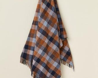Merino Lambswool Throw Blanket - Patchwork Blue/Orange - Made in England