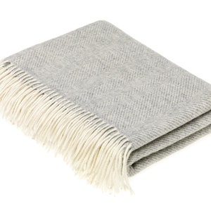 Merino Lambswool Throw Blanket - Herringbone - Gray, Made in England
