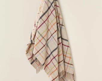 Merino Lambswool - Var Windowpane Rainbow Throw Beige Multi, Made In England