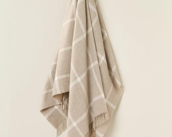 Merino Lambswool Windowpane Beige Throw Blanket, Wool Throw, Home Decor, British Luxury