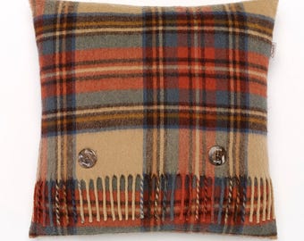 Merino Lambswool - Antique Dress Stewart Tartan Plaid Pillow - Made in England