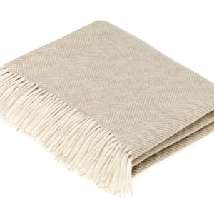 Merino Lambswool Herringbone Beige Throw Blanket - Made in England