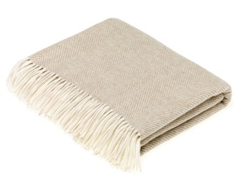 Merino Lambswool Throw Blanket - Herringbone - Beige, Made in England