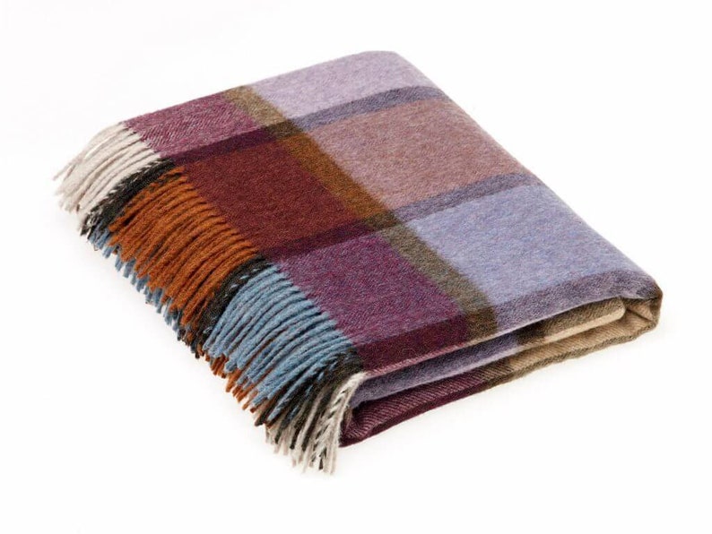 Made in the UK Merino Lambswool Country Check Throw Blanket Pateley Damson