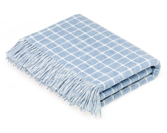 Athens Check - Merino Lambswool Throw Blanket - Aqua and White Throw / Reversible Throw / Made in England