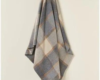 Merino Lambswool Throw Blanket - Block Windowpane - Beige | Gray