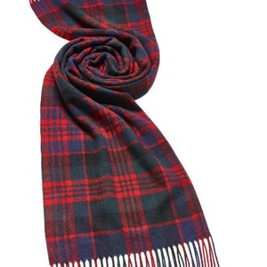 May include: A red, blue, and green plaid scarf with fringed edges.