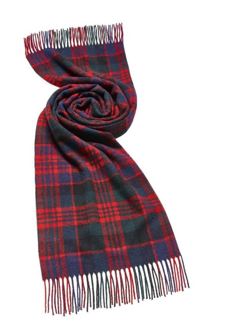 May include: A red, blue, and green plaid scarf with fringed edges.