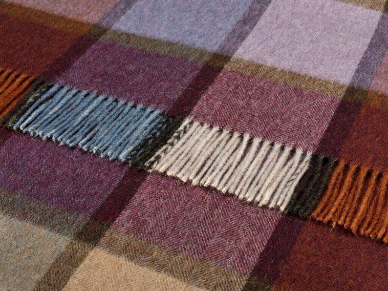 Made in the UK Merino Lambswool Country Check Throw Blanket Pateley Damson