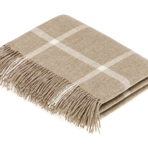 Merino Lambswool Windowpane Beige Throw Blanket - Made in the UK