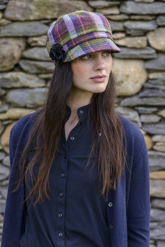 Ladies Tweed Newsboy Hat Purple Plaid 