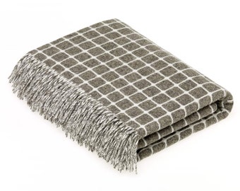 Athens Check - Merino Lambswool Throw Blanket - Slate Gray Throw - Reversible Throw - Made in England