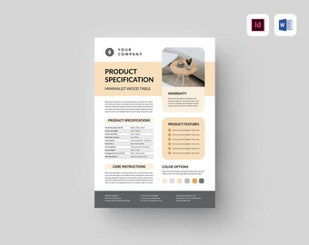 Product Specification Sheet Template | MS Word Template | Interior Design Specification Sheet | Furniture Tear Sheet | Product User Guide