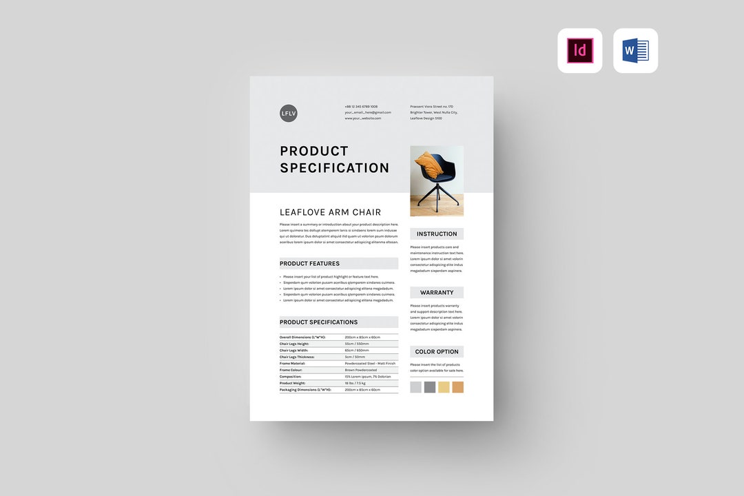 Product Specification Sheet Template MS Word Template Interior Design