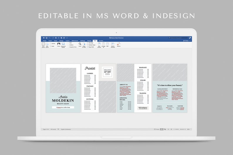 Beauty Salon Brochure Template MS Word Template Indesign Template Spa Brochure Template Feminine Bifold Brochure Salon Price List image 4