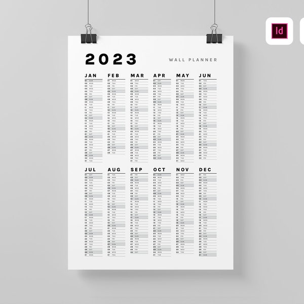 2023 Wall Calendar Template | Annual Yearly Wall Planner | Editable Indesign Template | Printable PDF | A1, A2, A3 Size | Calendar Design