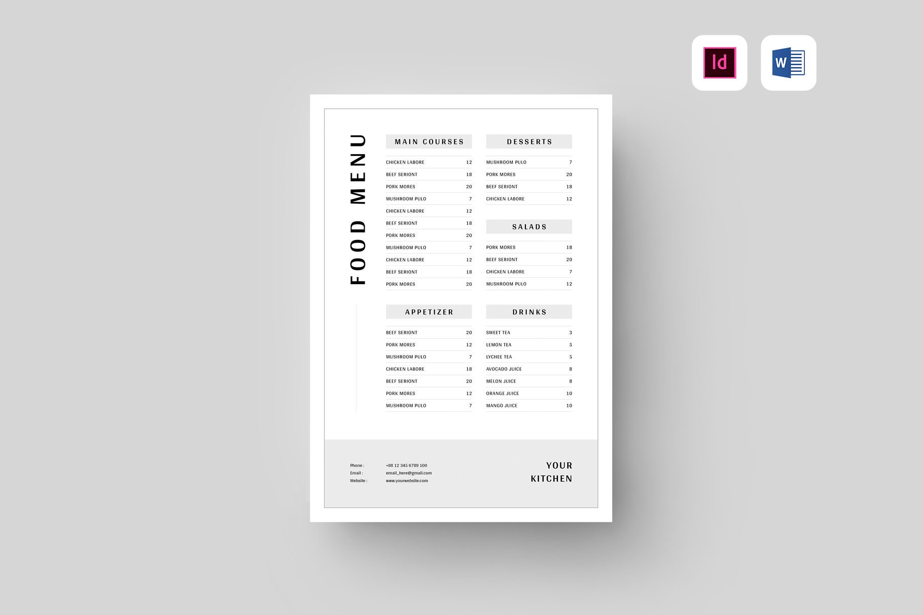 Food Menu Template MS Word Template Printable Restaurant - Etsy