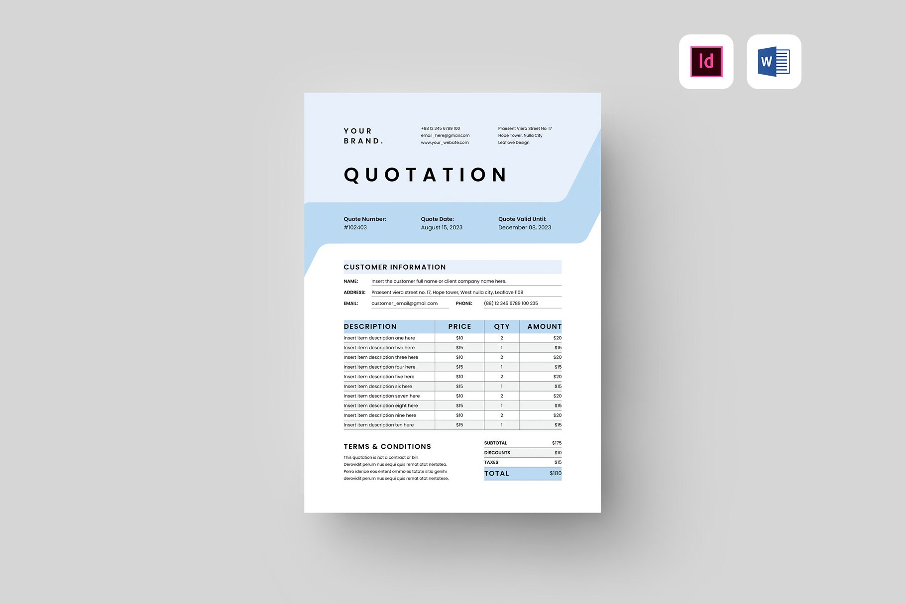 Quotation Template MS Word Template Price Quote Template Job Estimate Template Project Quotation