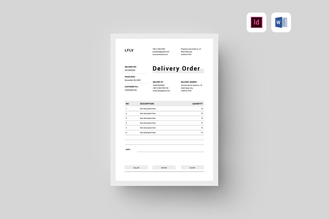 Delivery Order Template MS Word Template Microsoft Word Template Custom
