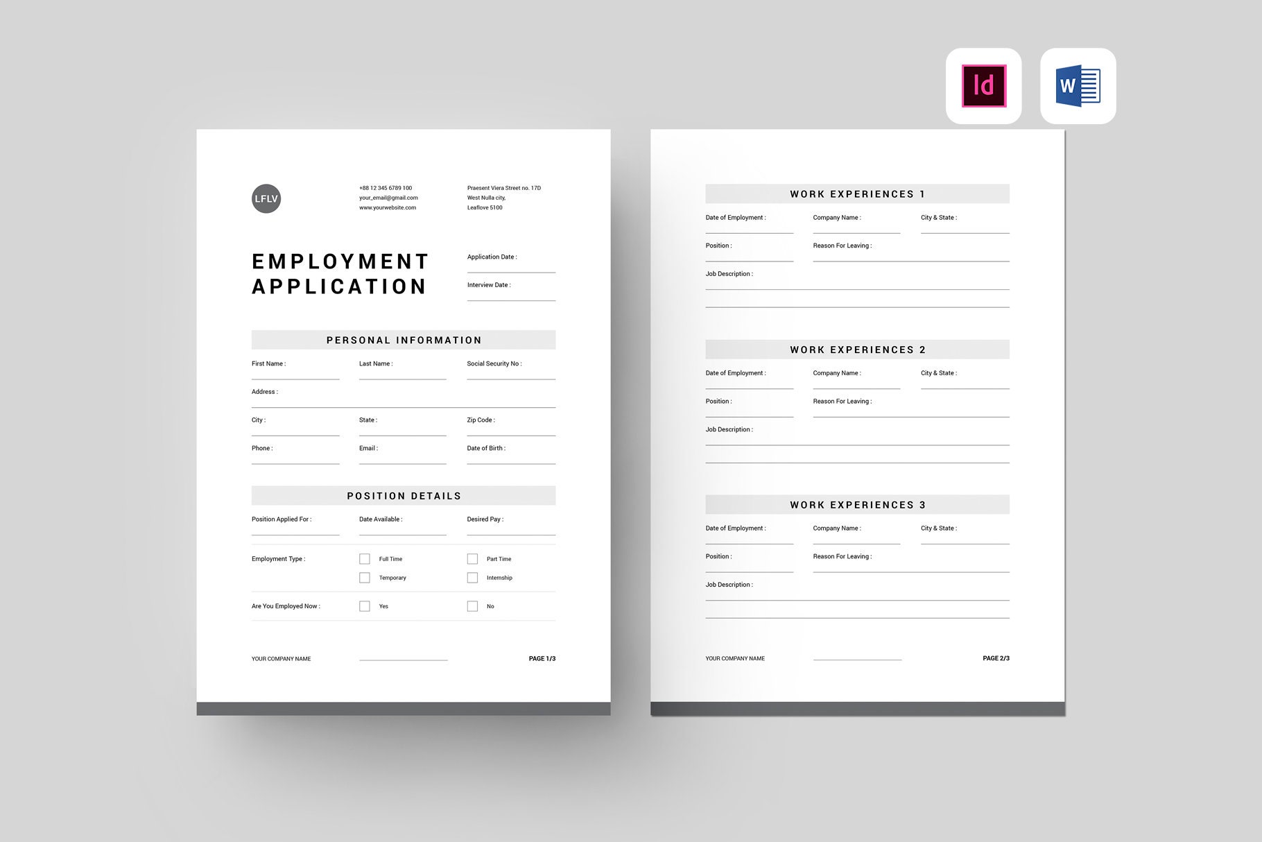 Plantilla de solicitud de empleo / Plantilla de Microsoft Word y Adobe
