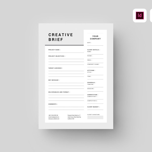 Modèle creative brief | Modèle Microsoft Word & Adobe Indesign | Mémoire du projet | Questionnaire client | Conception Brief | Formulaire bref client