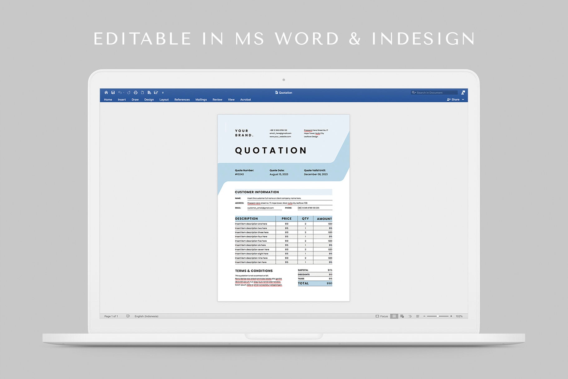 Quotation Template MS Word Template Price Quote Template Job Estimate Template Project Quotation