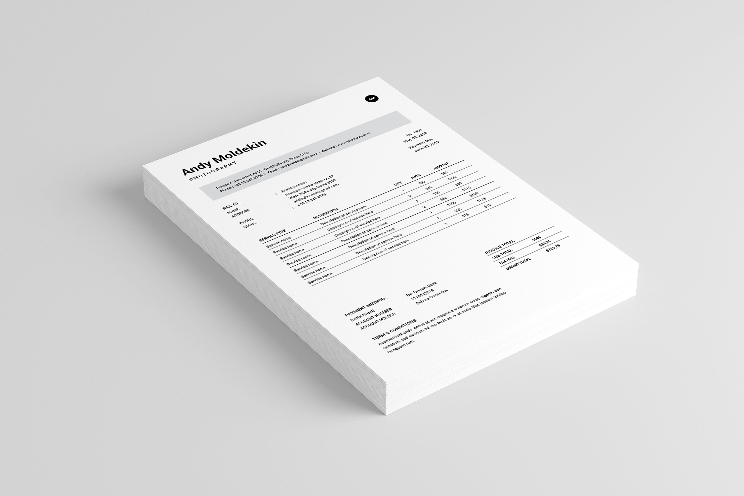 Invoice template microsoft word adobe indesign template etsy