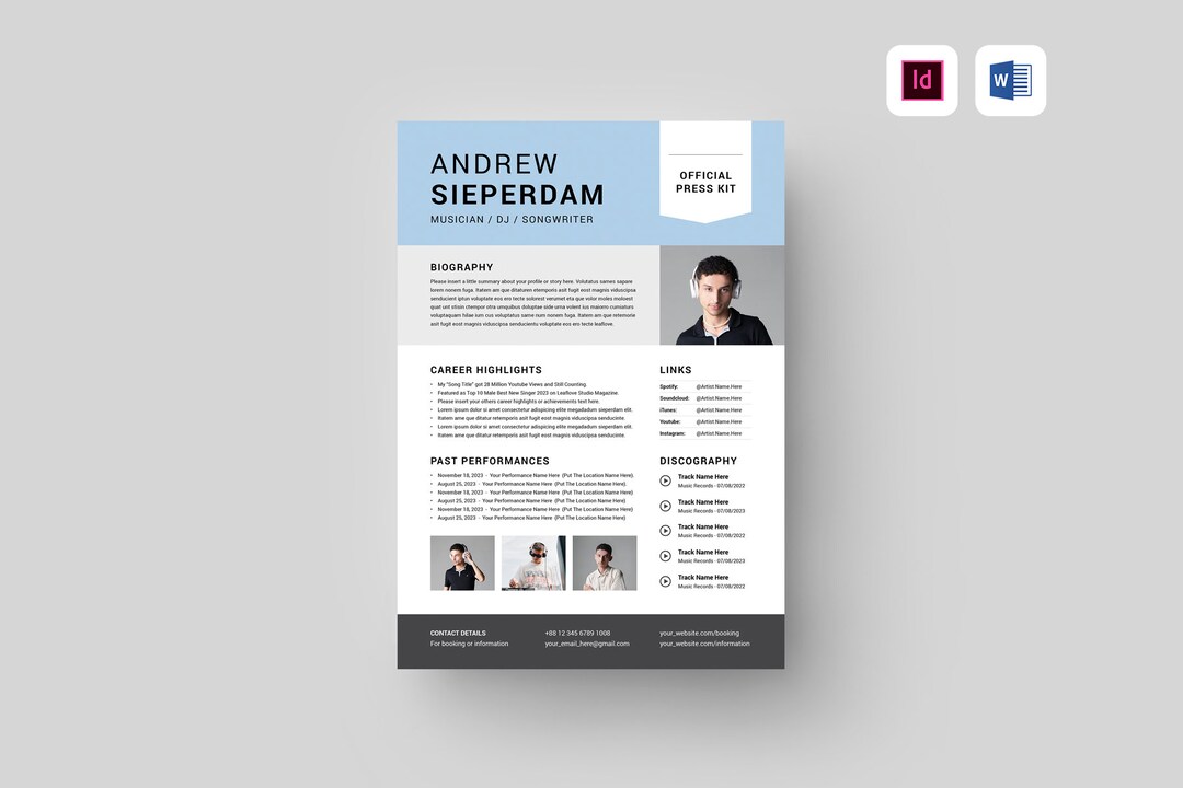 Electronic Press Kit Template MS Word Template Musician Press Kit Music