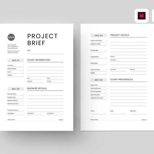 Project Brief Template | Microsoft Word & Adobe Indesign Template | Client Brief Form | Design Brief | Creative Brief | Client Questionnaire