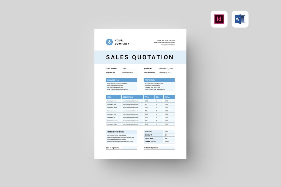 Quotation Template MS Word Template Price Quote Template Project