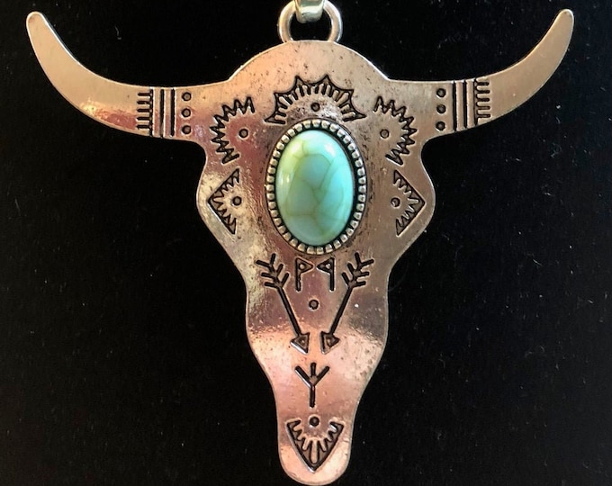 Silver Longhorn Bull Skull Buffalo Pendant, Faux Turquoise Cabochon Gift Boxed