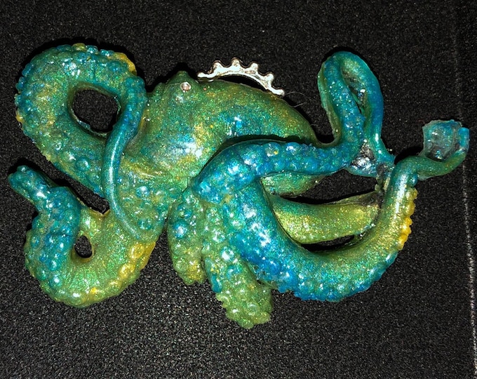 Resin 3D OOAK Aquamarine & Yellow Colored Steampunk Octopus Pendant 2.75x2", Pendant, Necklace