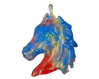 Resin 3D, Red, Blue, Yellow Pearlized Horse Head Equestrian, Pendant @1.5 Inch Long, Medallion, Necklace