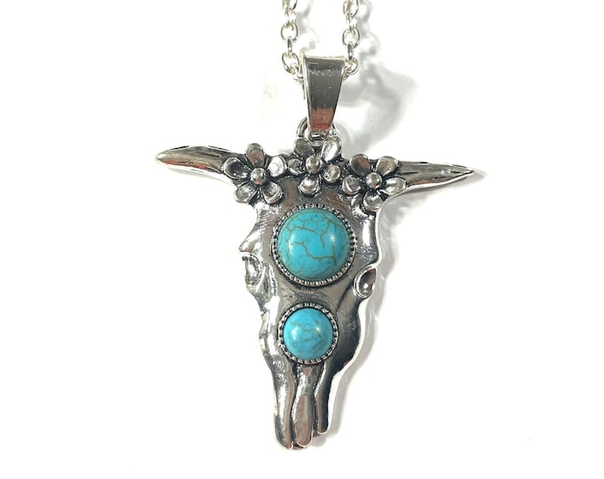 2.1" Silver Longhorn Bull Skull Buffalo Pendant, Faux Turquoise Cabochon Gift Boxed