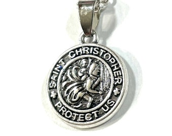 Protector St Christopher, Safe Travels, Saint of Travelers .75" Medallion Pendant 18"-30" Chain Necklace
