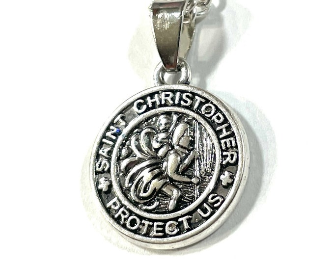 Protector St Christopher, Safe Travels, Saint of Travelers .75" Medallion Pendant 18"-30" Chain Necklace