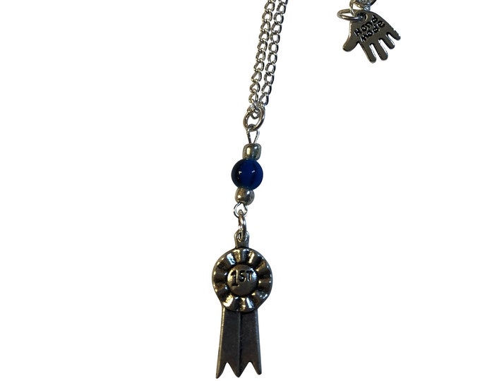 First Place Ribbon Blue Beading Necklace Earrings with or without beading 18" Chain NEW Gift Boxed