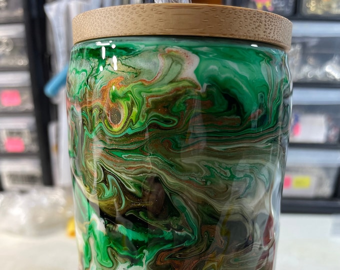 16 Ounce Glass with Bamboo Top and Glass Straw Epoxy Tumbler Alcohol Ink Swirl, Warm Natural Colors Unique, Custom Designs
