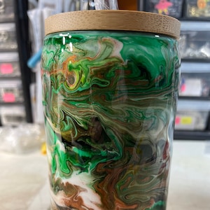 16 Ounce Glass with Bamboo Top and Glass Straw Epoxy Tumbler Alcohol Ink Swirl, Warm Natural Colors Unique, Custom Designs